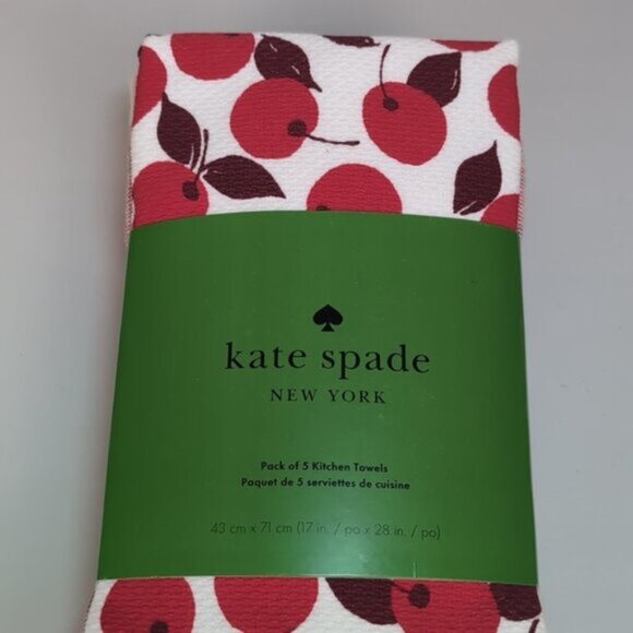 NEW Kate Spade Kitchen Towel Set 5 Pairs Dish Towels Cherry Plaid Chevron Red - Picture 2 of 13